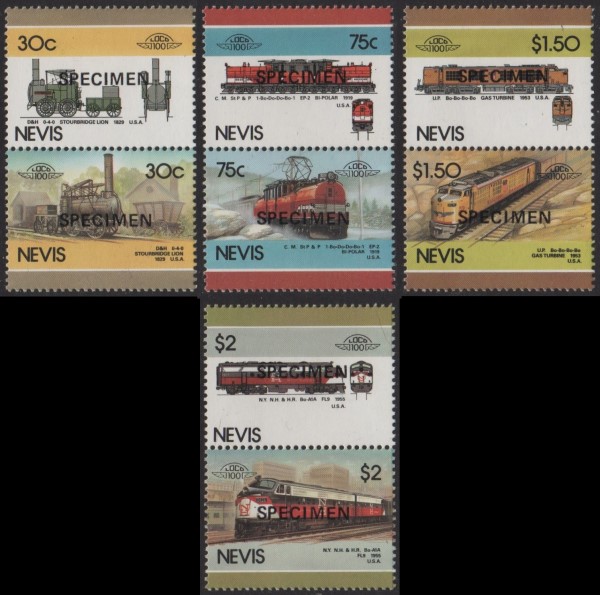 1986 Nevis Leaders of the World, Locomotives (5th series) SPECIMEN Overprinted Stamps
