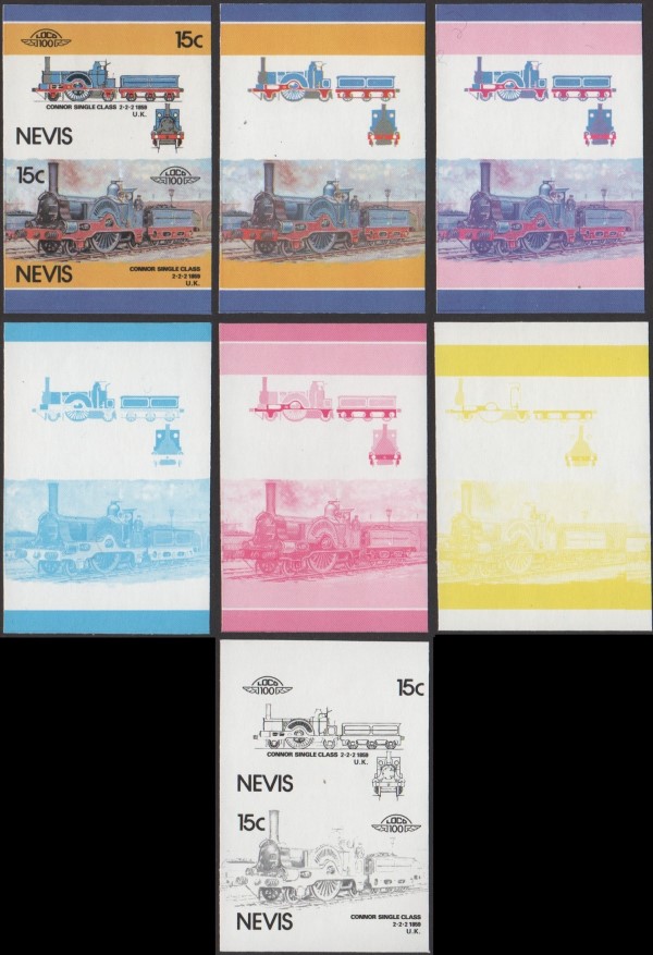 1986 Nevis Leaders of the World, Locomotives (6th series) Progressive Color Proof Stamps