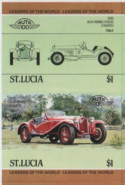 Saint Lucia Automobiles (1st series) $1.00 1930 Alfa Romeo 1750GS (Zagato) Final Stage Progressive Color Proof Stamp Pair
