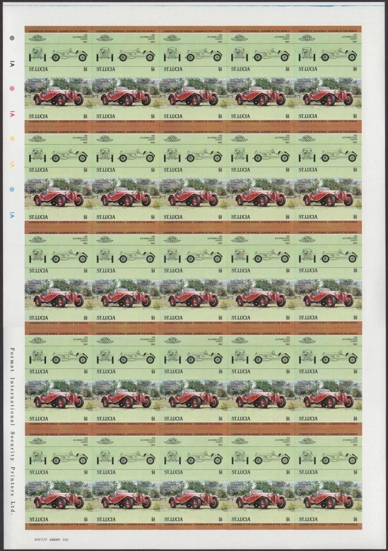 Saint Lucia Automobiles (1st series) $1.00 1930 Alfa Romeo 1750GS (Zagato) Final Stage Progressive Color Proof Stamp Pane