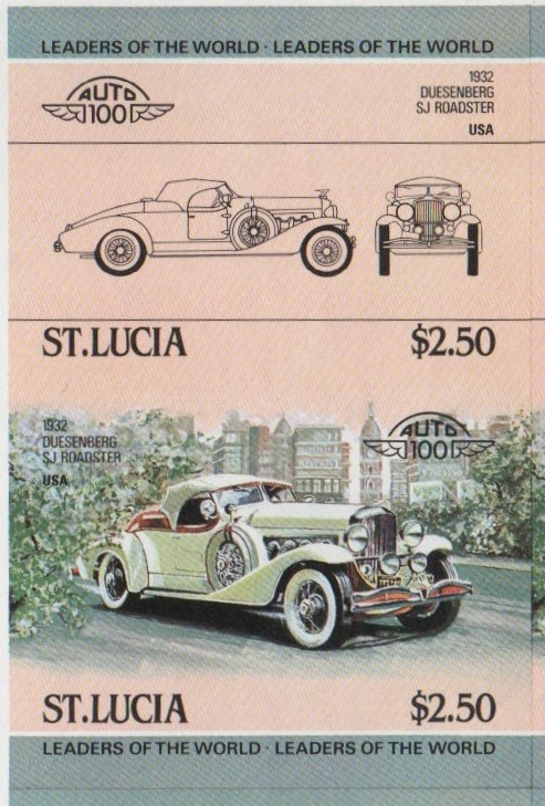 Saint Lucia Automobiles (1st series) $2.50 1932 Duesenberg SJ Roadster Final Stage Progressive Color Proof Stamp Pair