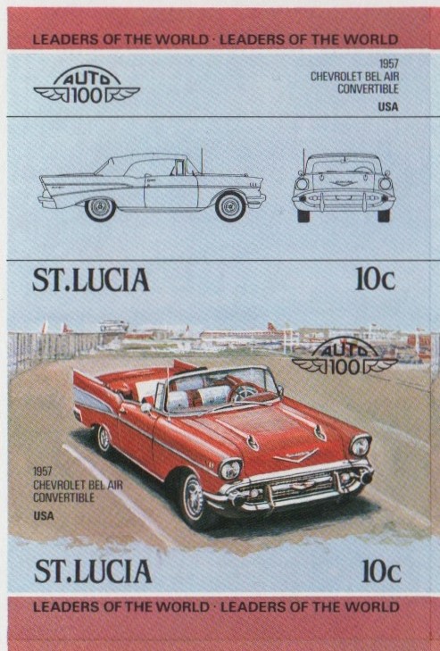 Saint Lucia Automobiles (1st series) 10c 1957 Chevrolet Bel Air Convertible Final Stage Progressive Color Proof Stamp Pair
