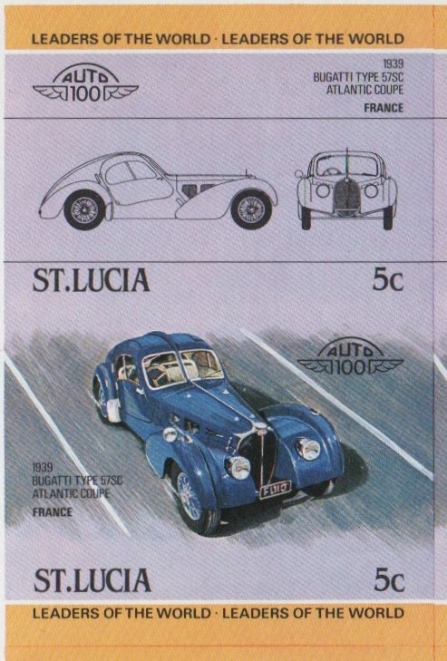 Saint Lucia Automobiles (1st series) 5c 1939 Bugatti Type 57SC Atlantic Coupe Final Stage Progressive Color Proof Stamp Pair
