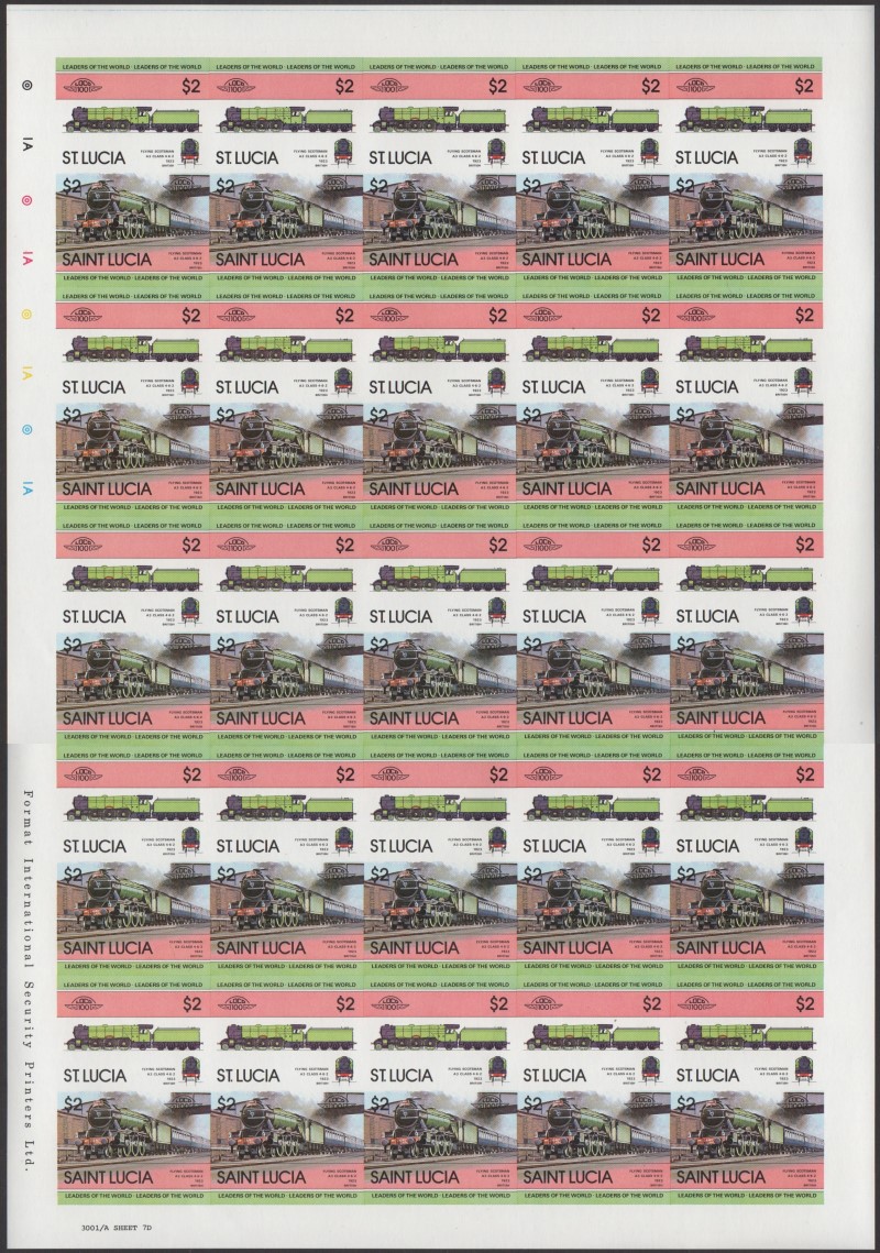 Saint Lucia Locomotives (1st series) $2.00 1923 Flying Scotsman A3 Class 4-6-2 Final Stage Progressive Color Proof Stamp Pane