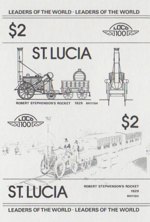 Saint Lucia Locomotives (1st series) $2.00 Stephenson's Rocket Black Stage Progressive Color Proof Pair