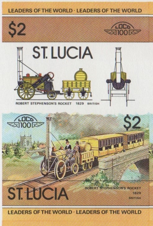 Saint Lucia Locomotives (1st series) $2.00 1829 Robert Stephenson's Rocket Final Stage Progressive Color Proof Stamp Pair