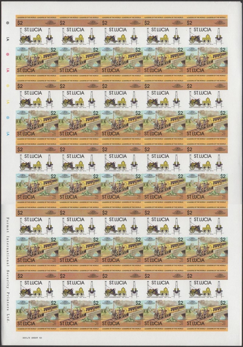 Saint Lucia Locomotives (1st series) $2.00 1829 Robert Stephenson's Rocket Final Stage Progressive Color Proof Stamp Pane