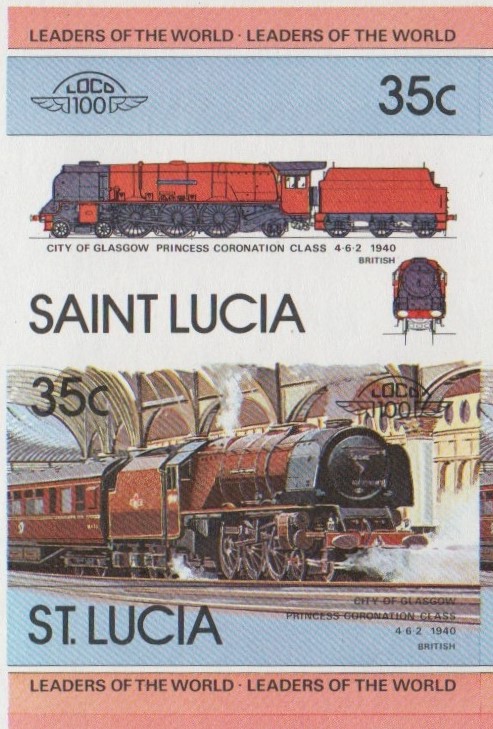 Saint Lucia Locomotives (1st series) 35c 1940 City of Glasgow Princess Coronation Class 4-6-2 Final Stage Progressive Color Proof Stamp Pair
