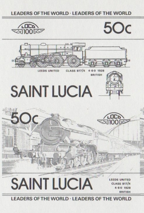 Saint Lucia Locomotives (1st series) Leeds United 50c Black Stage Progressive Color Proof Pair