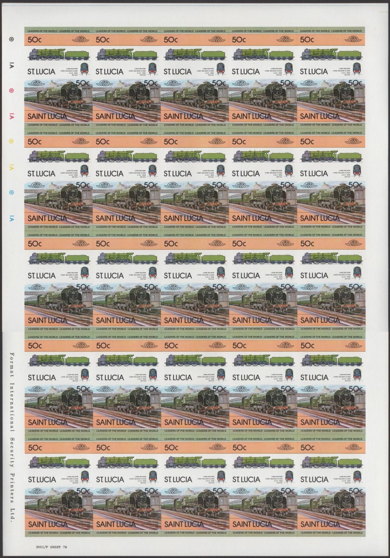 Saint Lucia Locomotives (1st series) 50c 1926 Lord Nelson Lord Nelson Class 4-6-0 Final Stage Progressive Color Proof Stamp Pane