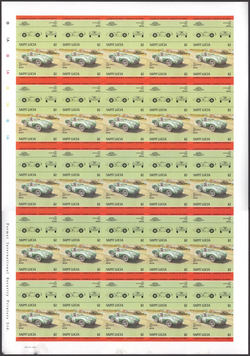 Saint Lucia Automobiles (2nd series) $2.00 1954 Aston Martin DB3S Final Stage Progressive Color Proof Stamp Pane