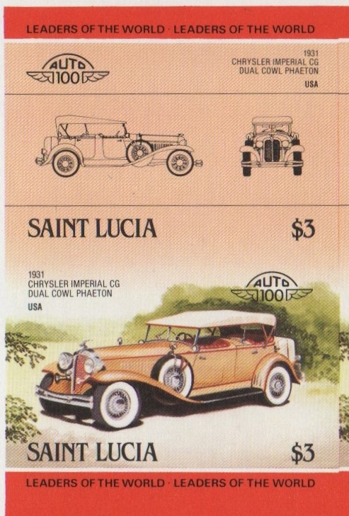 Saint Lucia Automobiles (2nd series) $3.00 1931 Chrysler Imperial CG Dual Cowl Phaeton Final Stage Progressive Color Proof Stamp Pair