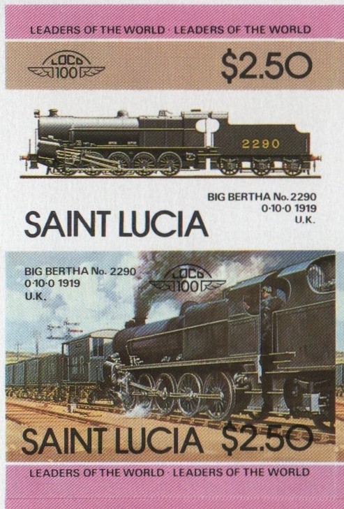 Saint Lucia Locomotives (4th series) $2.50 1919 Big Bertha No. 2290 0-10-0 Final Stage Progressive Color Proof Stamp Pair