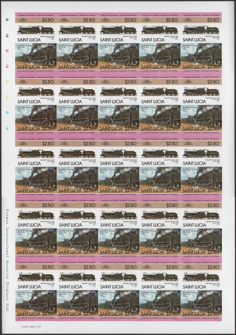 Saint Lucia Locomotives (4th series) $2.50 1919 Big Bertha No. 2290 0-10-0 Final Stage Progressive Color Proof Stamp Pane