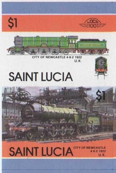 Saint Lucia Locomotives (5th series) $1.00 1922 City of Newcastle 4-6-2 Final Stage Progressive Color Proof Stamp Pair