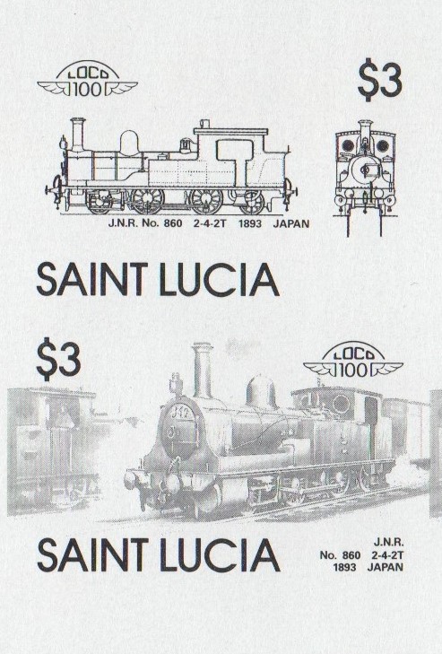 Saint Lucia Locomotives (5th series) $3.00 Black Stage Progressive Color Proof Pair