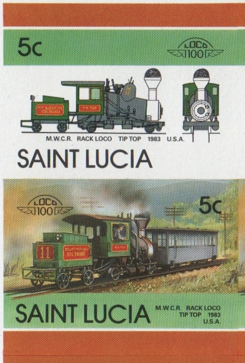 Saint Lucia Locomotives (5th series) 5c 1983 M.W.C.R. Rack Loco Tip Top Final Stage Progressive Color Proof Stamp Pair