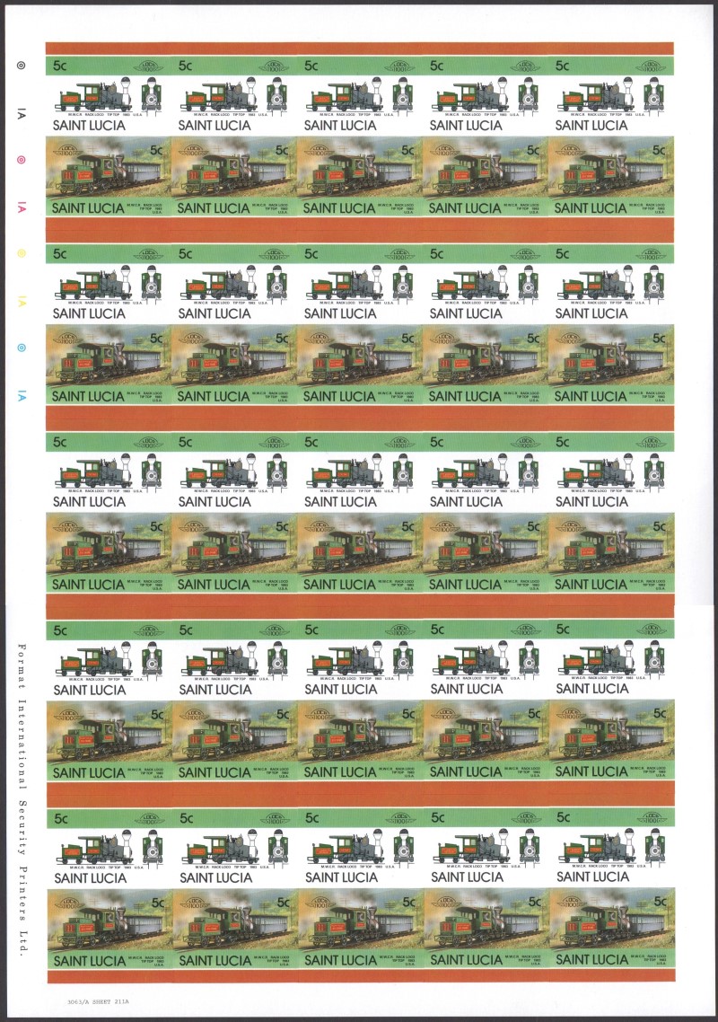 Saint Lucia Locomotives (5th series) 5c 1983 M.W.C.R. Rack Loco Tip Top Final Stage Progressive Color Proof Stamp Pane