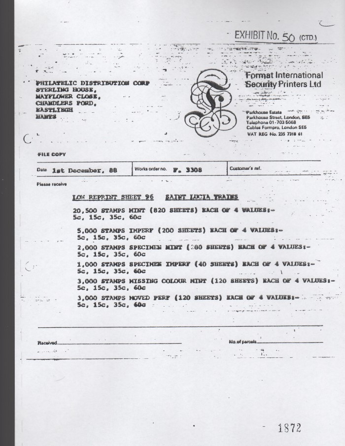 Saint Lucia 1985 LOW Locomotives 3rd Series Reprint Invoice