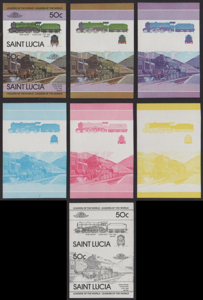 1983 Saint Lucia Leaders of the World, Locomotives (1st series) Progressive Color Proof Stamp Set