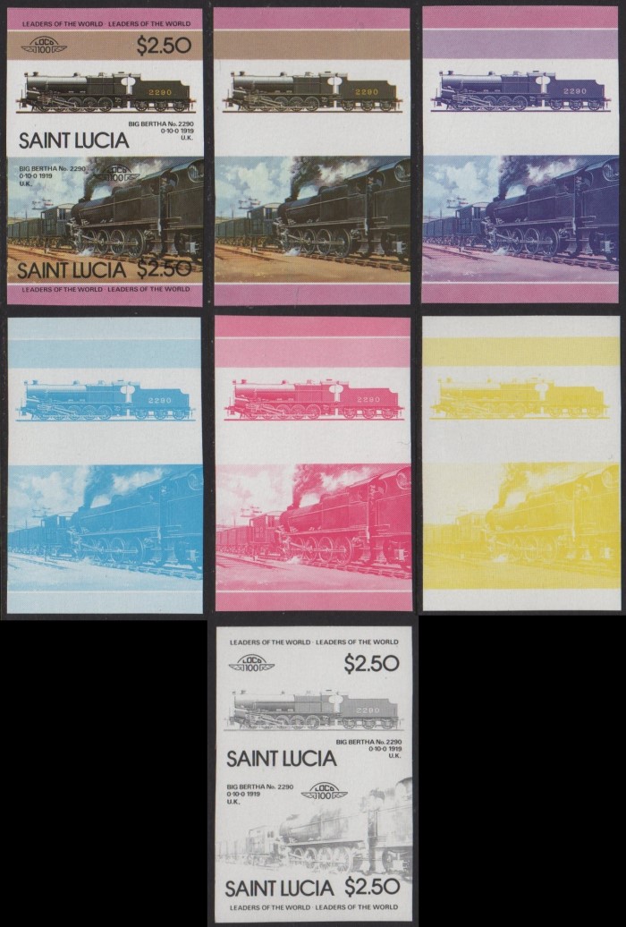 1985 Saint Lucia Leaders of the World, Locomotives (4th series) Progressive Color Proof Stamp Set