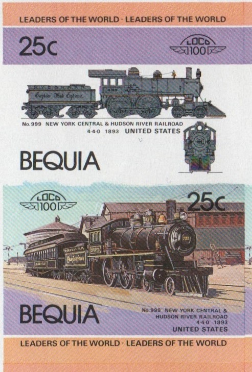 Bequia Locomotives (1st series) 25c 1893 No. 999 New York Central & Hudson River Railroad 4-4-0 Final Stage Progressive Color Proof Stamp Pair
