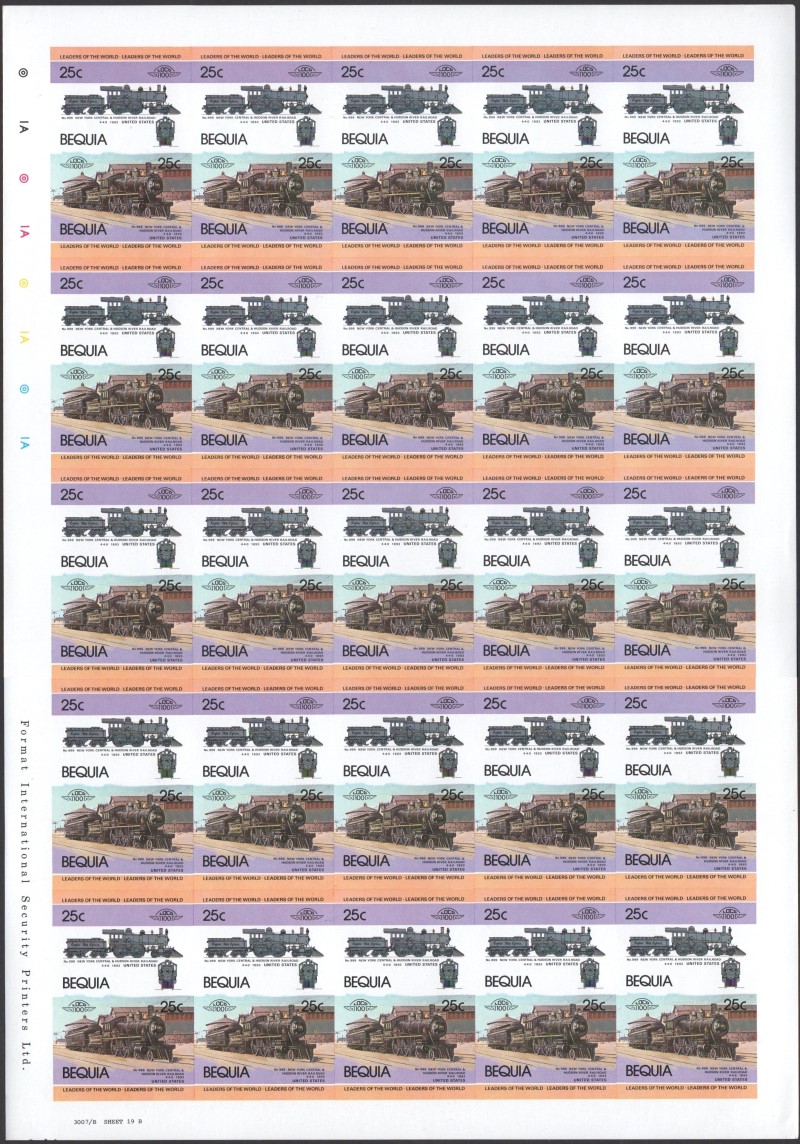 Bequia Locomotives (1st series) 25c 1893 No. 999 New York Central & Hudson River Railroad 4-4-0 Final Stage Progressive Color Proof Stamp Pane