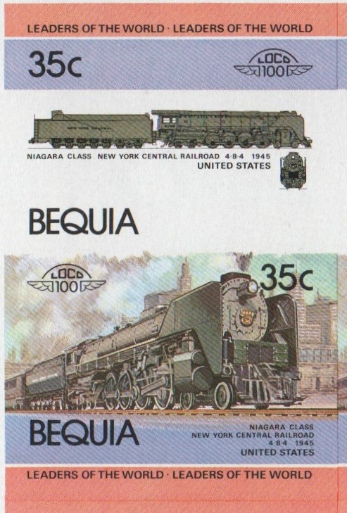 Bequia Locomotives (1st series) 35c 1945 Niagara Class New York Central Railroad 4-8-4 Final Stage Progressive Color Proof Stamp Pair