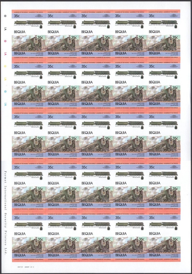 Bequia Locomotives (1st series) 35c 1945 Niagara Class New York Central Railroad 4-8-4 Final Stage Progressive Color Proof Stamp Pane