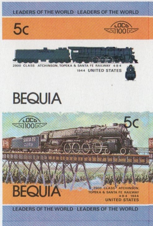 Bequia Locomotives (1st series) 5c 1944 2900 Class Atchinson, Topeka & Santa Fe Railway 4-8-4 Final Stage Progressive Color Proof Stamp Pair