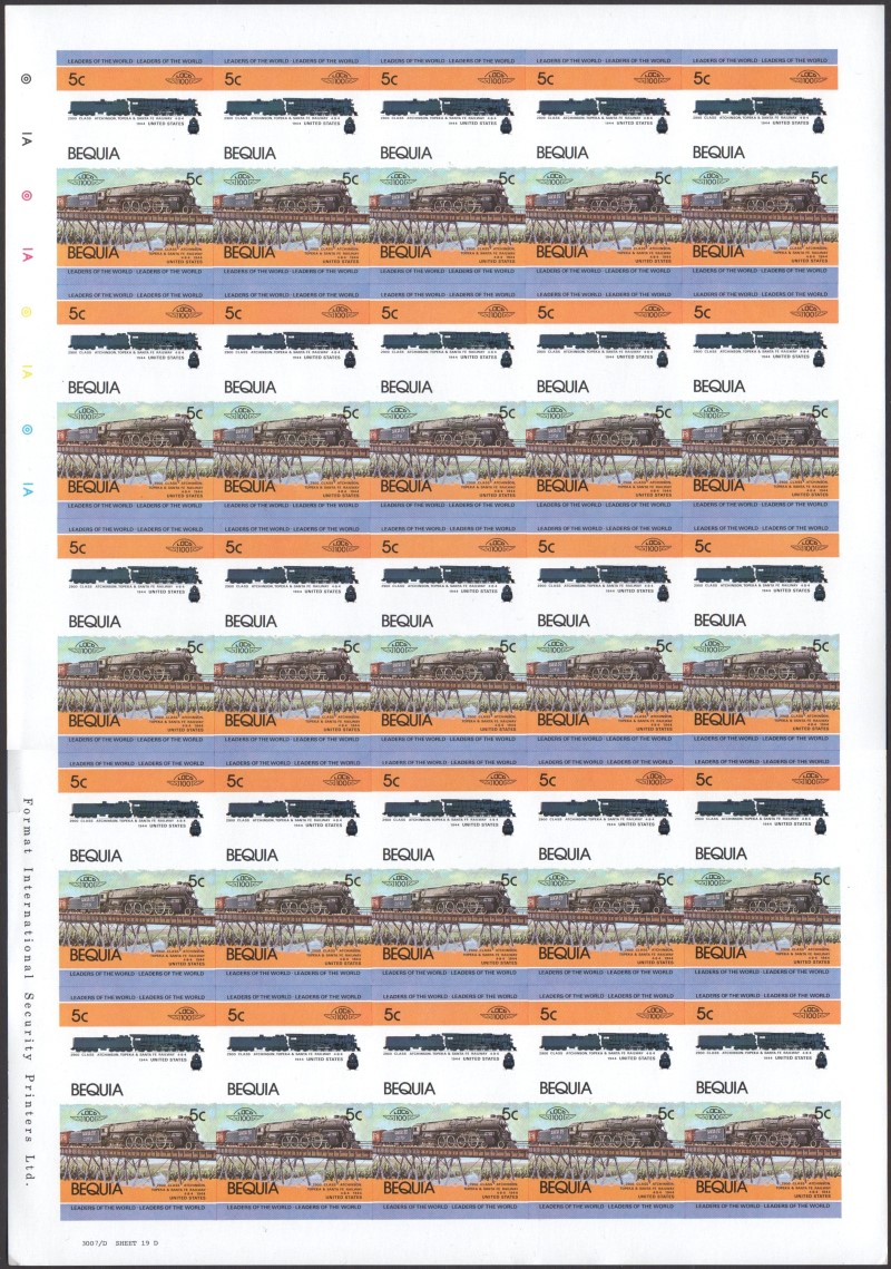 Bequia Locomotives (1st series) 5c 1944 2900 Class Atchinson, Topeka & Santa Fe Railway 4-8-4 Final Stage Progressive Color Proof Stamp Pane