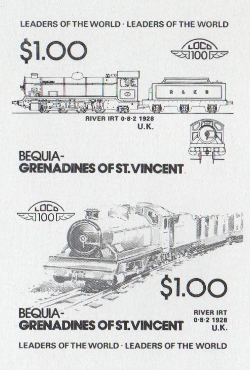 Bequia Locomotives (2nd series) $1.00 Black Stage Progressive Color Proof Pair
