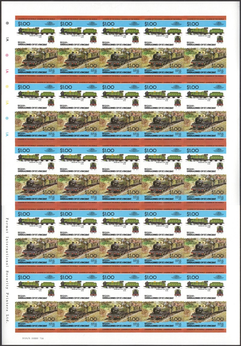 Bequia Locomotives (2nd series) $1.00 1928 River IRT 0-8-2 Final Stage Progressive Color Proof Stamp Pane