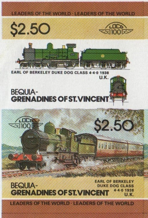 Bequia Locomotives (2nd series) $2.50 1938 Earl of Berkeley Duke Dog Class 4-4-0 Final Stage Progressive Color Proof Stamp Pair