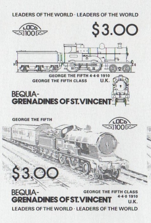 Bequia Locomotives (2nd series) $3.00 Black Stage Progressive Color Proof Pair