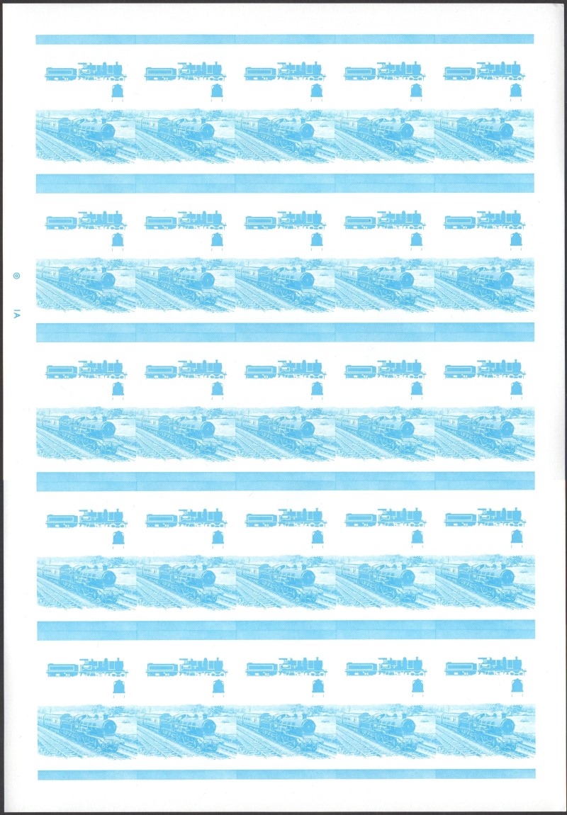 Bequia Locomotives (2nd series) $3.00 Blue Stage Progressive Color Proof Pane