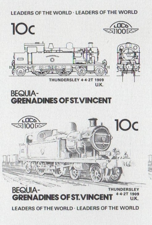 Bequia Locomotives (2nd series) 10c Black Stage Progressive Color Proof Pair