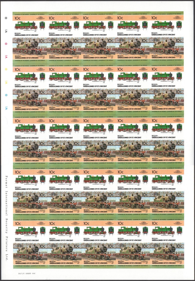 Bequia Locomotives (2nd series) 10c 1909 Thundersley 4-4-2T Final Stage Progressive Color Proof Stamp Pane