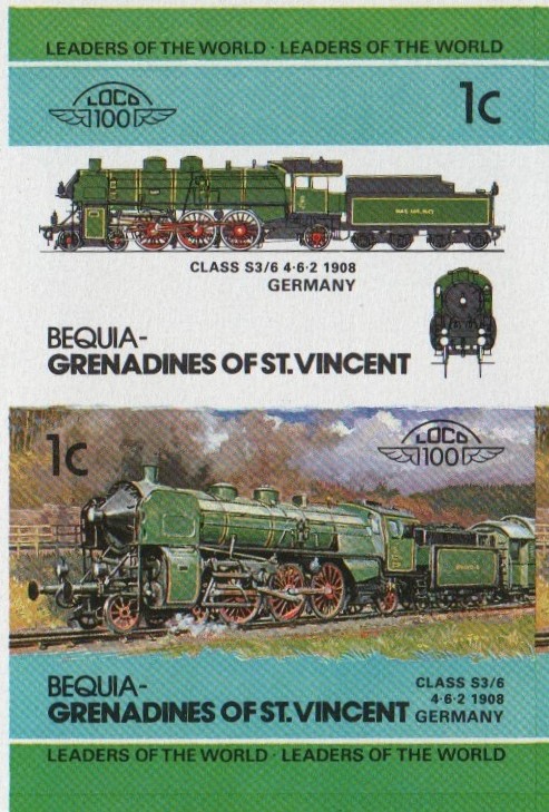 Bequia Locomotives (2nd series) 1c 1908 Class S3/6 4-6-2 Final Stage Progressive Color Proof Stamp Pair