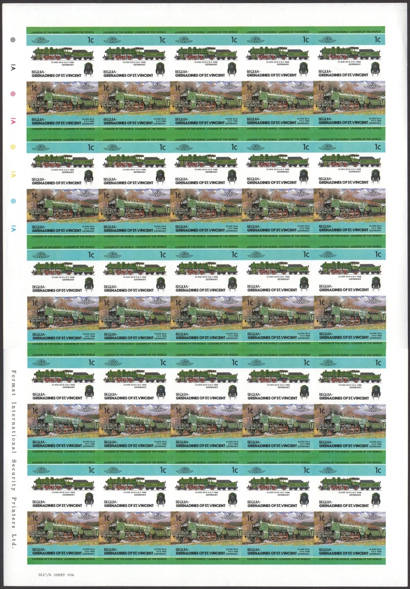 Bequia Locomotives (2nd series) 1c 1908 Class S3/6 4-6-2 Final Stage Progressive Color Proof Stamp Pane