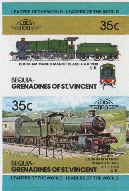 Bequia Locomotives (2nd series) 35c 1938 Cookham Manor Manor Class 4-6-0 Final Stage Progressive Color Proof Stamp Pair