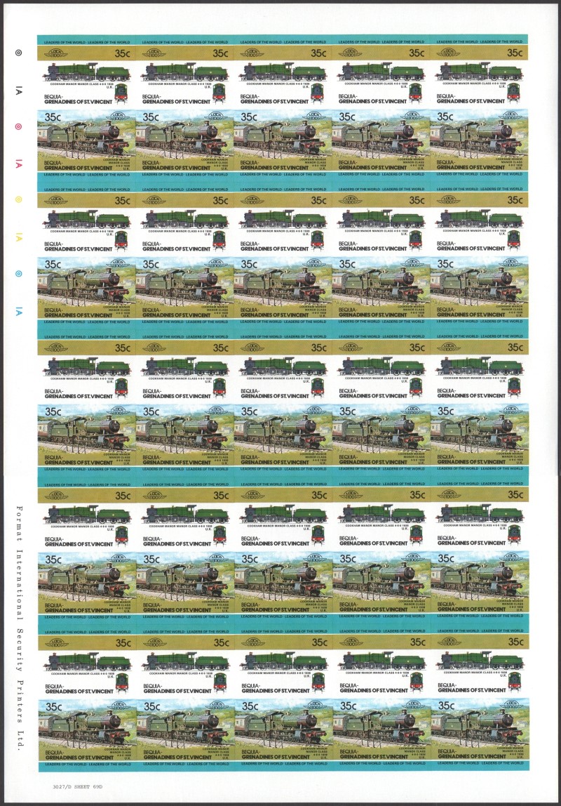 Bequia Locomotives (2nd series) 35c 1938 Cookham Manor Manor Class 4-6-0 Final Stage Progressive Color Proof Stamp Pane
