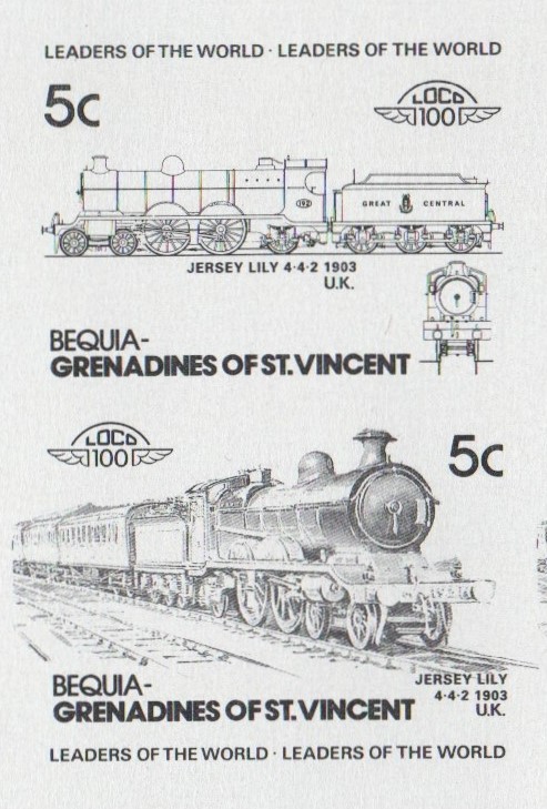 Bequia Locomotives (2nd series) 5c Black Stage Progressive Color Proof Pair