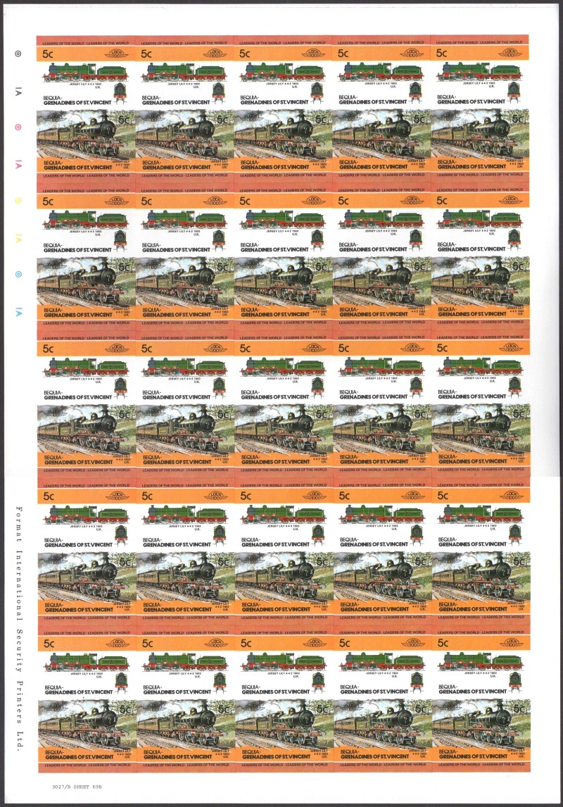 Bequia Locomotives (2nd series) 5c 1903 Jersey Lily 4-4-2 Final Stage Progressive Color Proof Stamp Pane