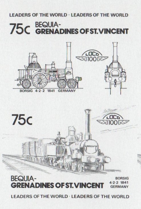 Bequia Locomotives (2nd series) 75c Black Stage Progressive Color Proof Pair