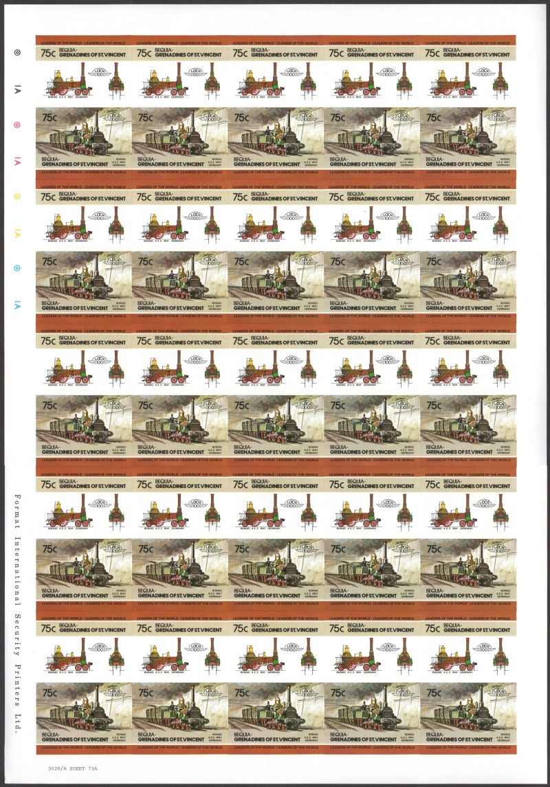 Bequia Locomotives (2nd series) 75c 1841 Borsig 4-2-2 Final Stage Progressive Color Proof Stamp Pane