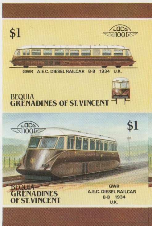 Bequia Locomotives (5th series) $1 1934 GWR A.E.C. Diesel Railcar B-B Final Stage Progressive Color Proof Stamp Pair