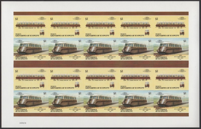 Bequia Locomotives (5th series) $1 1934 GWR A.E.C. Diesel Railcar B-B Final Stage Progressive Color Proof Stamp Pane