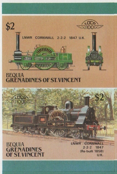Bequia Locomotives (5th series) $2 1847 LNWR Cornwall 2-2-2 Final Stage Progressive Color Proof Stamp Pair