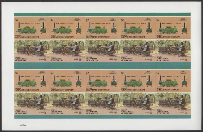 Bequia Locomotives (5th series) $2 1847 LNWR Cornwall 2-2-2 Final Stage Progressive Color Proof Stamp Pane